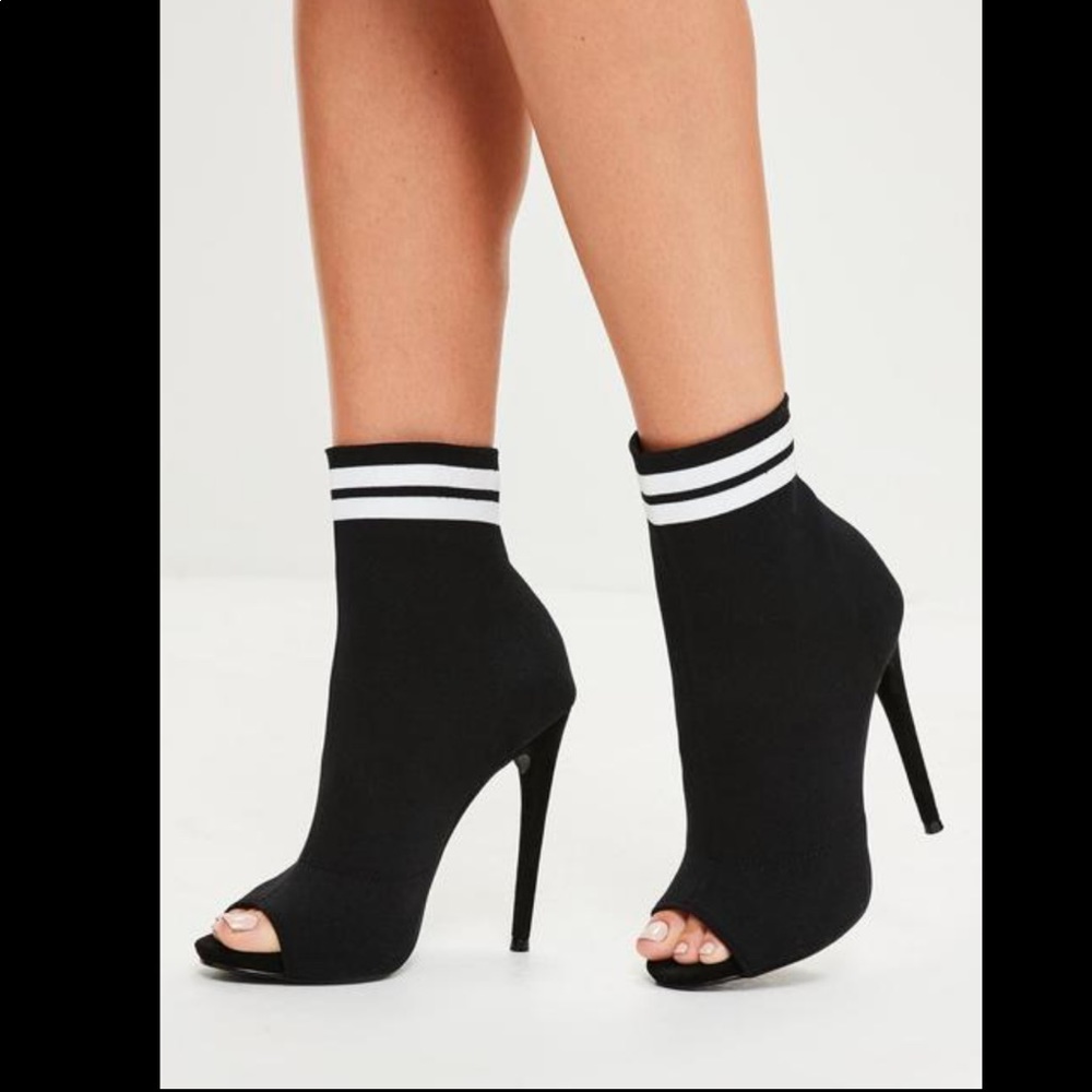 Missguided Black Peep Toe Sock Ankle Booties with White Striped Cuff